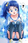  1girl 2023 :o ? artist_name blue_eyes blue_hair blue_skirt bow commentary_request dated hair_bow hanzou high_ponytail high_side_ponytail highres hirogaru_sky!_precure looking_at_viewer medium_hair open_mouth panties ponytail precure shoes side_ponytail skirt solo sora_harewataru speech_bubble twitter_username underwear yellow_bow 