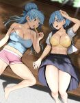  2girls :d alternate_costume alternate_hairstyle aqua_(konosuba) bare_shoulders barefoot blue_camisole blue_eyes blue_hair blunt_bangs bra breasts camisole cleavage collarbone commission day eating eye_contact food from_above highres holding holding_food isekai_quartet izawa_(bhive003) kono_subarashii_sekai_ni_shukufuku_wo! large_breasts long_hair looking_at_another lying midriff multiple_girls navel neckerchief on_back open_clothes open_mouth open_shirt pink_shorts pixiv_commission pleated_skirt popsicle re:zero_kara_hajimeru_isekai_seikatsu red_neckerchief rem_(re:zero) sailor_collar school_uniform serafuku shirt short_hair short_shorts short_sleeves shorts skindentation skirt smile stomach strap_slip sunlight sweat teeth thighs underwear white_shirt wooden_floor yellow_bra 