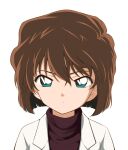  1girl blue_eyes brown_hair coat frown green_eyes haibara_ai highres lab_coat looking_at_viewer meitantei_conan portrait shirt short_hair simple_background solo tohoho_(hoshinoyami) white_background white_coat 