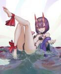  1girl absurdres alcohol ankle_ribbon bare_legs barefoot blush bob_cut breasts clothes_down commentary_request cup eyeliner fangs fate/grand_order fate_(series) full_body headpiece highres horns japanese_clothes kanbara_erika kimono leg_ribbon leg_up legs looking_at_viewer makeup oni oni_horns open_mouth purple_eyes purple_hair purple_kimono red_ribbon revealing_clothes ribbon sakazuki sake short_eyebrows short_hair shuten_douji_(fate) skin-covered_horns small_breasts smile solo 