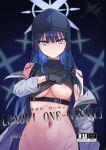  1girl areola_slip arm_at_side baseball_cap black_headwear blue_archive blue_eyes blue_hair bottomless breasts chest_harness closed_mouth clothes_lift content_rating cover cover_page crop_top doujin_cover expressionless groin hand_up harness hat highres jacket kuboken lifted_by_self long_sleeves looking_at_viewer navel no_bra no_mask open_clothes open_jacket out-of-frame_censoring parted_bangs saori_(blue_archive) shirt shirt_lift solo stomach title underboob 