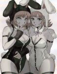  2girls animal_ears animal_hood bare_shoulders black_leotard breasts danganronpa_(series) danganronpa_2:_goodbye_despair dual_persona fake_animal_ears fake_tail flipped_hair galaga hair_ornament highres hood large_breasts leotard looking_at_viewer medium_hair mole mole_on_breast multiple_girls nanami_chiaki neck_ribbon open_mouth pink_ribbon playboy_bunny rabbit_ears rabbit_hood rabbit_tail ribbon sema_(vivaviva_02) simple_background tail thighhighs two-tone_leotard white_background white_leotard 