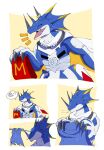  anthro bandai_namco blue_body cape claws clothing digimon digimon_(species) hi_res horn kausgammamon male matrixdragonn mcdonald&#039;s paper_bag scalie smile solo 