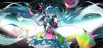  1girl absurdly_long_hair absurdres aqua_bow aqua_bowtie aqua_eyes aqua_hair balloon bare_shoulders blurry blush bow bowtie commentary_request depth_of_field detached_sleeves dress hatsune_miku highres holding jiu_ye_sang long_hair looking_at_viewer megaphone multicolored_clothes multicolored_dress night night_sky open_mouth sky sleeveless sleeveless_dress smile solo twintails very_long_hair vocaloid 