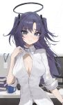  1girl absurdres arch_05x blue_archive blush book book_stack breasts button_gap cleavage cup halo highres indoors long_hair looking_at_viewer medium_breasts monitor mug partially_unbuttoned purple_eyes purple_hair shirt solo two_side_up very_long_hair white_shirt yuuka_(blue_archive) 