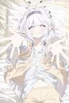  1girl absurdres applepie_(12711019) bed_sheet blue_archive flower grey_halo hair_flower hair_ornament hairband halo highres himari_(blue_archive) long_hair looking_at_viewer lying on_back pillow pointy_ears shirt solo white_hair white_hairband white_shirt 