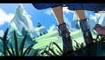  1girl bird blue_footwear feet field foot_focus furina_(genshin_impact) genshin_impact grass in-universe_location lower_body mm_(motot) mountain scenery shoes sketch socks solo tree white_socks 