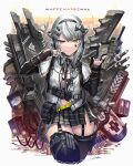  1girl ammunition_belt choker facial_mark garter_straps gia grey_hair gun hairband headgear highres holding holding_gun holding_weapon jewelry looking_at_viewer mecha_musume medium_hair nail_polish original pouch ring skirt straight-on submachine_gun thighhighs trigger_discipline weapon yellow_eyes 