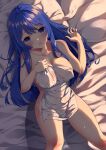  1girl absurdres ambasa blue_eyes blue_hair blush breasts caeda_(fire_emblem) cleavage commentary_request commission feet_out_of_frame fire_emblem fire_emblem:_mystery_of_the_emblem fire_emblem:_shadow_dragon_and_the_blade_of_light highres large_breasts long_hair lying naked_towel on_back open_mouth skeb_commission towel 
