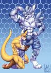  al_song anthro bandai_namco digimon digimon_(species) duo hi_res kangaroo macropod male male/male mammal marsupial muscular redlynx369 weregarurumon worship 