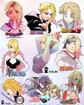  1girl a2t_will_draw araki_hirohiko_(style) artist_logo artist_name asymmetrical_hair bleach blonde_hair blue_eyes copyright_name dragon_ball dragon_ball_z gotouge_koyoharu_(style) hair_over_one_eye highres isayama_hajime_(style) jojo_no_kimyou_na_bouken kimetsu_no_yaiba kishimoto_masashi_(style) kubo_tite_(style) logo looking_at_viewer marvel multiple_views naruto_(series) oda_eiichirou_(style) one_piece parody shingeki_no_kyojin sidecut spider-gwen spider-man_(series) style_parody toriyama_akira_(style) watermark 