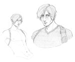  1boy absurdres ciphic curtained_hair highres holster large_pectorals leon_s._kennedy male_focus muscular muscular_male pectorals resident_evil resident_evil_2 resident_evil_4 resident_evil_4_(remake) shirt short_hair shoulder_holster 