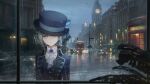 1girl black_vest blue_bow blurry blurry_foreground boater_hat bow building car city_lights closed_mouth collared_shirt condensation double-decker_bus elizabeth_tower european_architecture facing_viewer frown gem grey_hair hair_bun hat hat_bow hat_over_one_eye highres jacket lamppost london looking_at_viewer looking_inside monstera_deliciosa motor_vehicle night official_art one_eye_covered overcast phone_booth plant purple_gemstone purple_headwear purple_jacket rain reverse:1999 road shirt short_hair single_side_bun sky solo street upper_body vertin_(reverse:1999) vest water_drop water_on_glass wet_floor white_jabot white_shirt window 