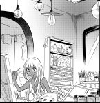  1girl bare_arms bare_shoulders bottle breasts color_guide danganronpa_(series) danganronpa_v3:_killing_harmony dress figure greyscale highres holding holding_paintbrush indoors lamp long_hair mirror monochrome paintbrush painting_(action) shachoo_(poco_poco) small_breasts smile yonaga_angie 