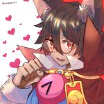  1boy animal_ear_fluff animal_ears artist_name brown_hair cape cat_boy cat_ears clock fang glasses hair_between_eyes heart heart_background highres katatsumuri_72 klug_(puyopuyo) long_sleeves looking_at_viewer male_focus messy_hair open_mouth paw_pose portrait puyopuyo red_cape red_eyes round_eyewear short_hair simple_background solo strange_klug twitter_username white_background 