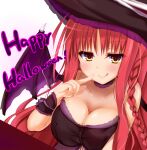 &gt;:) 1girl :q alternate_costume arm_ribbon bare_shoulders bat_wings black_choker black_dress black_headwear black_wrist_cuffs blush braid breasts choker cleavage closed_mouth collarbone commentary dracu-riot! dress english_text ero-god eyelashes finger_to_mouth hair_between_eyes halloween halloween_costume hand_up happy_halloween hat highres index_finger_raised large_breasts licking_lips long_hair looking_at_viewer naughty_face parted_bangs purple_ribbon red_hair ribbon seductive_smile sidelocks simple_background single_braid smile solo strapless strapless_dress tongue tongue_out upper_body v-shaped_eyebrows very_long_hair wavy_hair white_background wings witch witch_hat yarai_miu yellow_eyes 