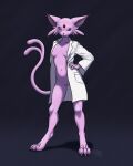  2023 anthro breasts claws clothed clothing coat eeveelution espeon female generation_2_pokemon genitals hand_on_hip hi_res lab_coat looking_at_viewer navel nettika nintendo nipples nude partially_clothed pokemon pokemon_(species) pussy shaded simple_background solo tail toe_claws topwear 