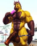  2023 4:5 abs animal_genitalia animal_penis anthro balls biceps big_balls big_penis body_hair chest_hair deltoids dream_and_nightmare equid equine equine_genitalia equine_penis food fur genitals gloves_(marking) hi_res horse male mammal markings muscular muscular_male pecs penis popsicle quads solo yellow_body yellow_fur 