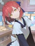  1girl apron black_dress blue_bow bow bread cupboard dress food hair_bow head_tilt highres indoors kitchen kohaku_(tsukihime) looking_at_viewer maid red_hair short_hair smile solo timbougami tsukihime tsukihime_(remake) upper_body white_apron yellow_eyes 