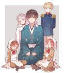  5boys aged_down axis_powers_hetalia black_hair blonde_hair boots brown_hair buttons double-breasted epaulettes germany_(hetalia) highres japan_(hetalia) japanese_clothes kimono maid military military_uniform multiple_boys no_a_a northern_italy_(hetalia) prussia_(hetalia) southern_italy_(hetalia) uniform 