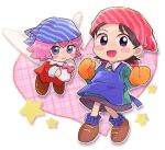  2girls :d adeleine apron bag bandana black_eyes blue_apron blue_bandana blue_eyes blue_socks blush blush_stickers bow brown_footwear brown_hair chiimako closed_mouth collared_shirt dress fairy fairy_wings green_shirt grey_skirt hair_between_eyes hands_up heart holding holding_bag kirby_(series) kirby_64 long_sleeves looking_at_viewer mittens multiple_girls open_mouth orange_mittens parted_bangs pink_background pink_bow pink_hair red_bandana red_dress ribbon_(kirby) shirt shoes short_hair simple_background skirt smile socks sparkle star_(symbol) striped striped_bandana white_background wings 