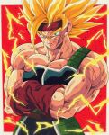  1boy arm_warmers armor bardock bare_shoulders biceps blonde_hair blood border bure_(fantasticyouth7) closed_mouth collarbone commentary_request crossed_arms dragon_ball dragon_ball_z electricity energy frown green_eyes headband looking_at_viewer male_focus muscular muscular_male outside_border pectorals red_background red_headband saiyan_armor scar scar_on_cheek scar_on_face scratches simple_background solo spiked_hair super_saiyan super_saiyan_1 torn_clothes upper_body v-shaped_eyebrows veins white_border 