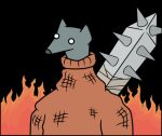 alfonzospaghetti canid canine clothed clothing fire fur grey_body grey_fur hi_res male mammal simple_background solo spikes weapon 