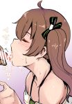  1girl bar_censor bare_shoulders brown_hair censored closed_eyes collarbone cum cum_in_mouth cum_on_tongue ejaculation facial gradient_background h2o_(ddks2923) hetero hololive male_masturbation masturbation natsuiro_matsuri oral_inahoge penis precum side_ponytail simple_background solo_focus speech_bubble sweat tongue tongue_out virtual_youtuber 