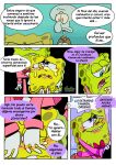  anthro bodily_fluids cephalopod clothed clothing coleoid comic crying dialogue duo hi_res male marine mollusk nickelodeon octopodiform octopus on_model pancaketiffy sea_sponge spanish_text speech_bubble spongebob_squarepants spongebob_squarepants_(character) squidward_tentacles suit tears text toony 