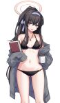  1girl absurdres bikini black_bikini black_hair blue_archive book breasts cardigan cup grey_cardigan hairband halo highres holding holding_book holding_cup jewelry kushinaka long_hair looking_at_viewer navel necklace o-ring o-ring_bikini o-ring_top official_alternate_costume open_cardigan open_clothes purple_eyes purple_hairband small_breasts solo swimsuit ui_(blue_archive) ui_(swimsuit)_(blue_archive) very_long_hair white_background 