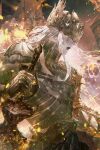  1boy armor cropped_torso crown cuirass cuisses cuso4_suiwabutu dark_souls_(series) dark_souls_iii faulds fire gauntlets gorget highres holding holding_sword holding_weapon long_hair lorian_(elder_prince) open_mouth pale_skin pauldrons shoulder_armor shouting sword weapon white_hair 