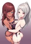  2girls absurdres ass black_bow black_bowtie black_bra black_garter_belt black_gloves black_panties blue_eyes bow bowtie bra breasts cleavage closed_mouth commission dark-skinned_female dark_skin eyes_visible_through_hair fishnet_thighhighs fishnets from_side garter_belt gloves gradient_background grey_hair hair_over_one_eye hand_on_another&#039;s_arm highres large_breasts long_hair looking_at_viewer looking_to_the_side multiple_girls nai_(cnoadi8) open_mouth original panties pixiv_commission ponytail red_eyes red_hair simple_background standing swept_bangs thighhighs underwear underwear_only yuri 