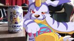  animal_skin anthro bandai_namco belly belly_markings claws dahecksajerry digimon digimon_(species) fur gabumon horn male markings photo_background photography_(artwork) red_eyes sitting slightly_chubby solo striped_body striped_fur stripes yellow_body 