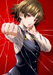  1girl against_fourth_wall black_skirt braid brown_hair clenched_hands commentary_request cracked_screen crown_braid fourth_wall hand_to_own_mouth heart highres long_sleeves looking_at_viewer masatoshi_1219 niijima_makoto persona persona_5 persona_5_the_royal plaid plaid_skirt punching red_background red_eyes school_uniform shirt short_hair shuujin_academy_school_uniform skirt solo upper_body white_shirt 