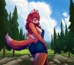  2022 anthro bangs biped black_nose blue_clothing blue_dress blue_sky breasts canid canine clothed clothing cloud countershade_face countershade_fur countershade_torso countershading detailed_background digital_media_(artwork) dress female fox fur grass green_eyes hair hi_res kbart looking_at_viewer looking_back looking_back_at_viewer mammal orange_body orange_fur outside plant portrait rear_view red_hair shaded sky solo standing three-quarter_portrait tree white_body white_countershading white_fur white_tail_tip 