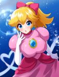  1girl :o absurdres blonde_hair blue_background blue_eyes blush bow breasts brooch cowboy_shot don_(748826) dot_nose dress earrings elbow_gloves glitter gloves hair_bow highres jewelry large_breasts light_particles looking_at_viewer mario_(series) open_mouth pink_bow pink_dress ponytail princess_peach puffy_short_sleeves puffy_sleeves shiny_clothes short_hair short_sleeves simple_background skirt_hold solo surprised white_gloves 