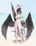  1girl absurdres alternate_costume angel_wings bare_legs bare_shoulders barefoot black_choker black_hair black_wings blue_archive blush breasts choker cleavage closed_mouth collarbone eyewear_on_head feathered_wings feathers full_body hair_between_eyes hair_ornament halo hasumi_(blue_archive) highres holding large_wings long_hair looking_at_viewer low_wings mole mole_under_eye red_eyes red_halo round_eyewear sarong see-through_sarong simple_background solo standing sunglasses surfboard sweatdrop swimsuit thighs very_long_hair white_sarong wings yarn_(yarn_03) 
