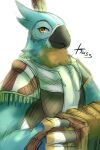 absurd_res anthro avian blue_body blue_clothing breath_of_the_wild brown_clothing clothed clothing half-length_portrait hi_res kass_(tloz) kuttoyaki looking_at_viewer male mouth_closed nintendo portrait red_clothing simple_background sketch solo the_legend_of_zelda white_background white_clothing yellow_body yellow_eyes 