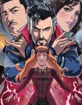  2boys 2girls animification artist_name aura beard black_hair blue_eyes brown_hair cape casting_spell character_request disembodied_eye doctor_strange doctor_strange_in_the_multiverse_of_madness facial_hair grey_hair highres long_hair looking_at_viewer magic male_focus marvel marvel_cinematic_universe multicolored_hair multiple_boys multiple_girls mystical_high_collar oyenpaws red_cape red_eyes red_hair robe scarlet_witch short_hair superhero teeth two-tone_hair witch wizard 