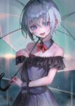  1boy :d absurdres barbell_piercing bare_shoulders black_dress blue_eyes blurry blurry_background bow bowtie collarbone commentary_request day detached_collar dress ear_piercing earrings fangs grey_hair hair_between_eyes hakusyokuto hand_up head_tilt highres holding holding_umbrella hoop_earrings jewelry looking_at_viewer male_focus mole mole_under_eye off-shoulder_dress off_shoulder original otoko_no_ko outdoors piercing pleated_dress railing rain red_bow red_bowtie ring sidelocks smile solo transparent transparent_umbrella umbrella wrist_cuffs 