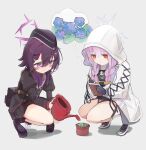  2girls absurdres atsuko_(blue_archive) blue_archive braid flower_pot garrison_cap halo haruka_(blue_archive) hat highres holding holding_notebook holding_watering_can hood imagining low_twin_braids multiple_girls notebook pink_hair purple_eyes purple_hair red_eyes shoes squatting twin_braids unli_free watering_can 