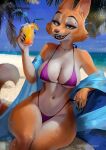  2023 anthro arm_support arm_tuft artist_name beach beverage big_breasts bikini bikini_bottom bikini_top biped black_claws black_eyebrows black_eyelashes black_lips blue_sky breasts canid canine cheek_tuft claws clothed clothed_anthro clothed_female clothing countershade_hands countershade_legs countershade_neck countershade_snout countershade_torso countershading curved_eyebrows curvy_figure day detailed_background diane_foxington digital_drawing_(artwork) digital_media_(artwork) dipstick_tail dreamworks elbow_tuft eyebrow_piercing eyebrows eyelashes facial_piercing facial_tuft fangs female female_anthro finger_claws fluffy fluffy_tail food fox fruit fur fur_tuft glistening glistening_eyes green_eyes hi_res holding_beverage holding_object ice_cube inner_ear_fluff iris jewelry juliathedragoncat leaning leaning_aside leaning_on_elbow legs_together lips looking_at_viewer mammal markings multicolored_body multicolored_fur navel necklace open_mouth open_smile orange_(fruit) orange_body orange_ears orange_fur orange_inner_ear_fluff orange_tail piercing plant prick_ears purple_bikini purple_clothing purple_swimwear sand sea seaside shadow side-tie_bikini side-tie_clothing side-tie_swimwear sitting skimpy skimpy_bikini skimpy_swimwear sky smile smiling_at_viewer snout solo sparkles straw string_bikini swimwear tail tail_markings teeth text the_bad_guys thick_eyelashes thick_thighs tongue tree tuft two_tone_body two_tone_fur water white_body white_countershading white_fur white_text wide_hips 