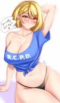  1girl anisdrawn arm_support arm_up ashley_graham black_panties blonde_hair blue_shirt blush breasts cleavage collarbone commentary english_commentary groin highres large_breasts looking_at_viewer midriff navel no_pants nose_blush off-shoulder_shirt off_shoulder panties resident_evil resident_evil_4 shirt short_hair short_sleeves simple_background single_bare_shoulder sitting solo speech_bubble stomach thighs tied_shirt underwear white_background yellow_eyes 