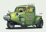  artist_name commentary_request daihatsu_midget green_car grey_background nanatsuta no_humans original signature simple_background three-wheeler twitter_username vehicle_focus 