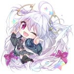  1girl :d absurdres ahoge amatsuji black_jacket black_skirt black_thighhighs blush bow braid chibi commentary_request demon_girl demon_tail demon_wings dia_(amatsuji) eyelashes eyes_visible_through_hair fang grey_hair hair_between_eyes hair_bow hair_spread_out hands_up happy heart heart_tail highres hood hood_down hooded_jacket jacket jumping long_hair looking_at_viewer miniskirt open_clothes open_jacket open_mouth open_shirt original pink_bow pink_ribbon pleated_skirt pointing pointing_at_viewer red_eyes ribbon shirt simple_background single_braid skirt sleeves_past_wrists smile solo sparkling_eyes star_(symbol) tail thighhighs two_side_up v very_long_hair white_background white_shirt wings zettai_ryouiki 
