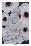  1girl absurdres anemone_(flower) ballet_slippers bare_legs border collar fetal_position flower frilled_collar frills full_body half-closed_eyes highres juliet_sleeves leotard long_sleeves original oversized_flower puffy_sleeves raivarune short_hair solo white_border white_hair white_leotard 