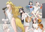  6+girls :d animal_ears antlers arknights ass bare_shoulders bathrobe black_hair blonde_hair blue_pants blue_shirt bottle breasts brown_hair bucket cleavage closed_eyes colored_skin commentary_request completely_nude cropped_legs cup deer_antlers deer_ears deer_girl double_bun dragon_horns dragon_tail drying drying_hair dusk_(arknights) fainting fang furry furry_female grabbing_another&#039;s_arm grey_background grey_hair hair_bun hair_dryer hair_over_one_eye highres holding holding_bottle holding_bucket holding_cup holding_hair_dryer horns horse_tail jieyun_(arknights) laughing leg_lock leizi_(arknights) liang_chan_xing_make_tu long_hair looking_at_viewer medium_breasts mouth_pull mulberry_(arknights) multicolored_hair multiple_girls naked_towel nian_(arknights) no_nipples nude open_mouth orange_hair pants parted_lips pink_pants pointy_ears purple_eyes qiubai_(arknights) red_eyes red_hair shirt short_hair smile streaked_hair tail tiger_girl towel very_long_hair waai_fu_(arknights) white_hair white_shirt wooden_bucket 