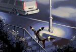  car fence highres lamppost looking_back mokuzou_(moku_ssbu) motor_vehicle night no_humans outdoors pokemon pokemon_(creature) red_eyes sidewalk signature solo stairs umbreon 