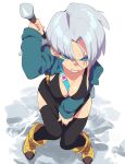  1girl aetherion belt between_breasts black_thighhighs blue_eyes blush boots breasts clenched_teeth dragon_ball dragon_ball_z full_body genderswap genderswap_(mtf) grey_hair highres holding holding_sword holding_weapon jacket long_sleeves short_hair solo standing sword sword_behind_back teeth thighhighs trunks_(dragon_ball) trunks_(future)_(dragon_ball) weapon yellow_footwear 