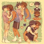  ! !! 2boys ? absurdres artist_name bishounen black_hair carrying cat_boy dog_boy english_commentary hands_on_another&#039;s_face heart highres interracial kel_(omori) kiss kissing_cheek male_focus multiple_boys omori piggyback short_hair shorts simple_background smile socks spoken_heart spoken_question_mark sunny_(omori) tail tail_wagging tank_top teeth upper_teeth_only white_socks yaoi zipsunz 